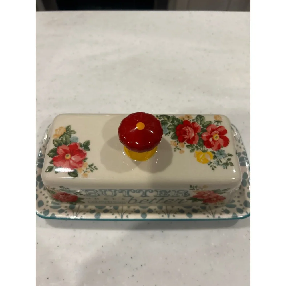 The Pioneer Woman Vintage Floral Butter Dish Stoneware Teal Red Cream PRECIOUS